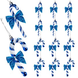 24 Piece Glitter Candy Cane and Bows Assorted 4.7" Christmas Decorations Hanging Ornaments for Xmas Tree Holiday Festive Party Home Décor (Blue)