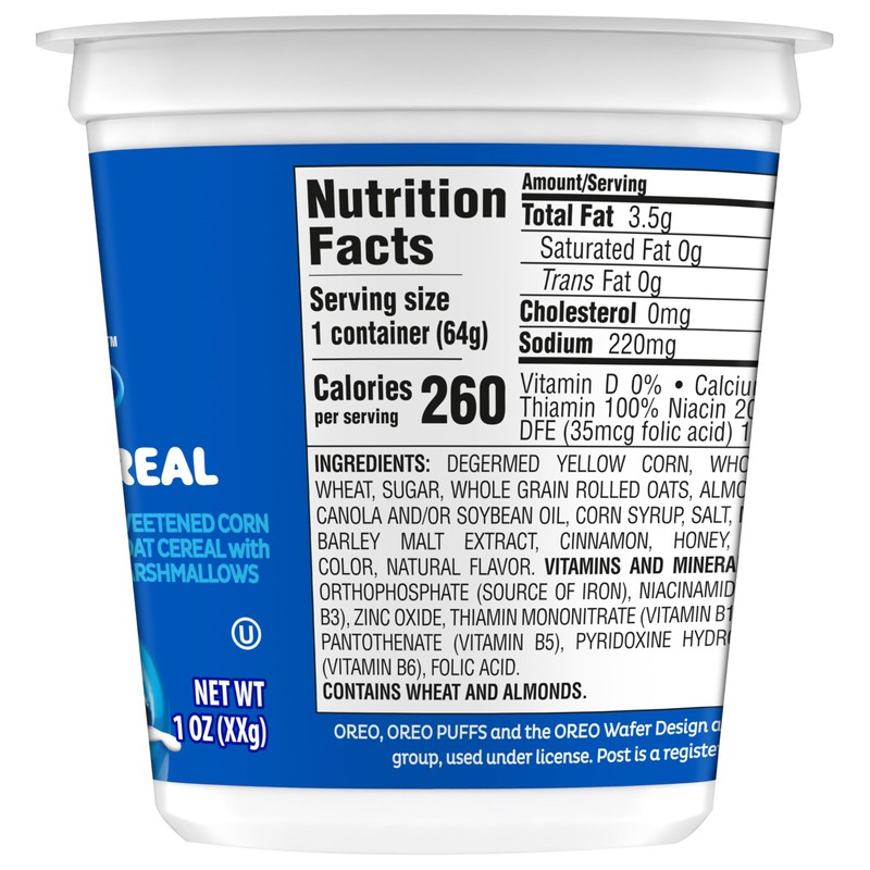 Post Oreo Puff Cereal Cup, Chocolate Cereal, 1 oz cup