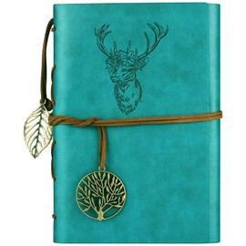 Leather Journal, Leather Notebook Refillable Vintage Diary Travel Spiral Bound Journal Lined Paper, Embossed Deer and Retro Pendants for Men and Women A5 (Blue)
