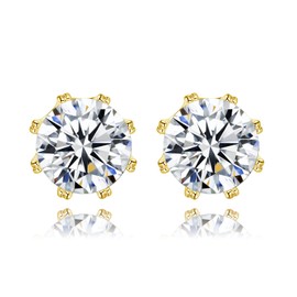 8.4mm Yellow Gold Cubic Zirconia 14K Gold Diamond Stud Earrings for Women - 8 Prong Round 8mm AAA + CZ - 925 Sterling Silver Stud Earrings Jewellery Gift, Yellow Gold