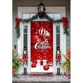 Christmas Door Cover Decor Banner, Merry Christmas Tree Ornament Ball Photography Backdrop, 36 x 81 inches， Easy to Install, and Reusable