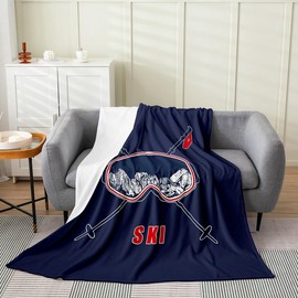 Kids Skiing Sport Flannel Blanket Baby 30"x40",Hand Draw Goggles Ski Winter Sport Theme Bed Sofa Couch Blankets for Kids Adults,Retro Navy Blue Print Fuzzy Blanket Breathable Flannel Blanket