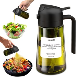 mqnxoi Oil Sprayer for Cooking, 2 in 1 Olive Oil Dispenser Bottle for Kitchen, 16oz/470ml Premium Glass, Food-grade Oil Mister for Air Fryer, Salad, Frying, BBQ (Black + Dark Green Bottle)