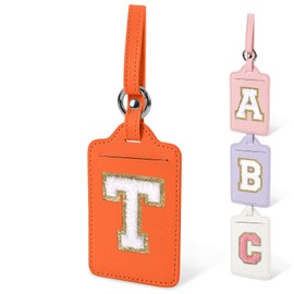 Initial Letter Luggage Tag - Waterproof PU Leather Travel Luggage Tag, Monogrammed Bag Tags for Suitcase & Handbags (Orange-White T)