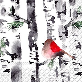 Boston International IHR Christmas 3-Ply Cocktail Napkins Decorative, 20-Count, 6.5" x 6.5" Lunch Size, Bird In Birch