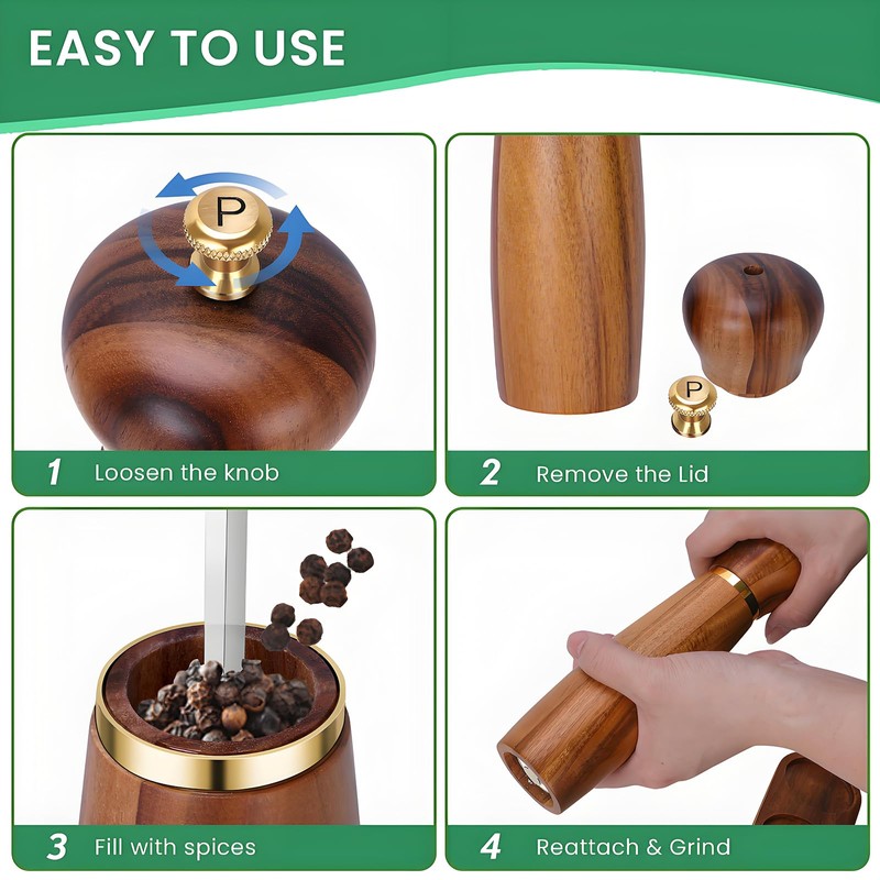 Wooden Salt and Pepper Grinder Set, 8-Inch Manual Pepper Mill