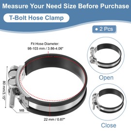 PATIKIL 98-103mm T-Bolt Hose Clamp, 2 Pack Rubber Cushioned Intake Intercooler Pipe Tube Clamps 304 Stainless Steel Radiator Hose Clamp for 3.86"-4.06" Pipe