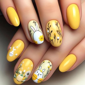 LPOODDNU Easter Press on Nails Almond Medium Fake Nails Cute Bunny Glue on Nails Easter Day Nail Art Decorations Almond Shape Glossy Yellow False Nails Spring Stick on Nails for Women, 24Pcs