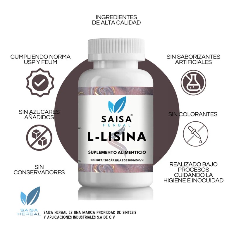 L-Lisina | 100% Pura 120 Cáps | SAISA HERBAL |