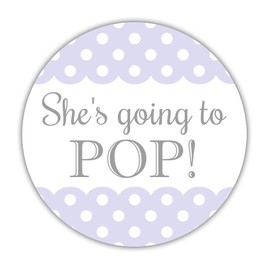 40 She's Going to pop Stickers, 2 inches - About to pop lables - Baby Shower Popcorn Labels (Lavender)