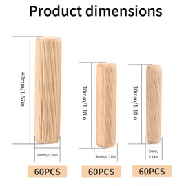 180PCS Wooden Dowels, 3 Sizes 6mm 8mm 10mm Round Dowel Pins Natural Grooved Wood Plugs Dowels Rods for Furniture Repair Craft DIY Carpentry