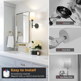 Glitnous Wall Sconces Battery Operated, Battery Operated Wall Sconce with 13000mAh Magnetic Bulbs and Remote, Rechargeable Wall Sconce Set of 2, WirelessWall Lamp/Lights for Bedroom (Black)