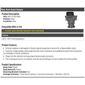 Rear Park Assist Camera - with Harness Connector, Bracket, and Zip Tie - Compatible with 2015-2017 Ford Expedition