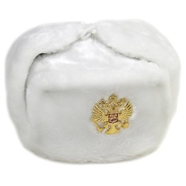 Russian Army KGB Cossack Military Fur Hat Ushanka w/Imperial Eagle Crest Badge WHITE L