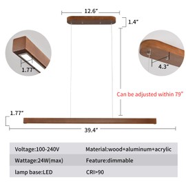 QJCMUUYI 39 Inch Wood Linear Pendant Light Dimmable LED Kitchen Island Lighting with Remote Adjustable Hanging Chandelier for Dining Room Bar Pool Table 24W Modern Farmhouse Fixture Walnut Color