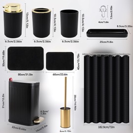 Black and Gold Bathroom Accessories Set 9 PCS, Bathroom Sets with Stainless Steel Trash Can,Toilet Brush and Plastic Toothbrush Set,Soap Dispenser and Shower Curtain, 2PCS Rugs for Bath Decor