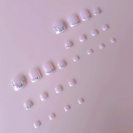 24 Pcs White French Press on Toenails Short Square - ZWENJIE Rhinestone Fake Toe Nails Nude False Toe Nails Press Ons Full Cover Glossy Sparkly Acrylic Stick on Toenails for Women Girls