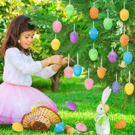 Lineshading 18 Pcs Easter Glitter Hanging Eggs for Tree Multicolor Pearl Sequin Easter Egg Easter Foam Hanging Ornament for Easter Home Tree DIY Craft Party Holiday Decoration (Bright Color)