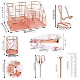 KAAKOW Rose Gold Desk Organizers and Accessories Office Supplies Set Stapler, Pen Holder, Phone Holder, Scissors, Pen, Ruler, 30 Paper Clips, 22 Binder Clip, 20 Tacks and 1000pcs Staples
