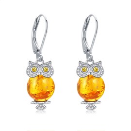 Owl Earrings 925 Sterling Silver Amber Owl Earring Dangle Cute Owl Jewellery Gifts for Women Girls Mother Owls Lovers, Sterling Silver, No Gemstone