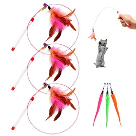 MAIYU Cat Feather Wand Toy, 3 Pack Steel Wire Feather Interactive Cat Stick Training, Beads Bells Kitten Wand Toys, Pet Teaser with 3 PCS Worm Toy Replacement Refill for Free