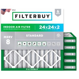 Filterbuy 24x24x2 Air Filter MERV 8 Essential Dust & Allergy Defense (6-Pack), Electrostatic Pleated HVAC AC Furnace Filters Replacement, Made in USA (Actual Size: 23.38 x 23.38 x 1.75)