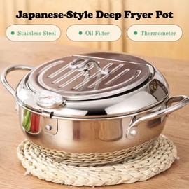 Deep Fryer Pot, Japanese Mini Stainless Steel Frying Pot Temperature Controlled Household Tempura Frying Pan Thermometer Induction Cooker Compatible (Small size 20cm)
