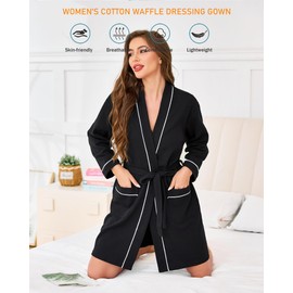Vlazom Women Dressing Gown, Lightweight Waffle Robe Soft Cotton Bathrobes Mid-Length Robes with Pockets for All Seasons Spa Hotel Sleepwear Black,L