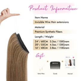 REECHO Invisible Wire Hair Extensions with Transparent Headband Adjustable Size Removable Secure Clips in Straight Secret Hairpiece for Women - 20 Inch, Light Brown