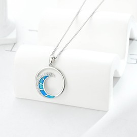 kissdove Blue Opal Inlay Crescent Moon Pendant - Sterling Silver Necklace for Women with Adjustable 18-20 Inch Chain, Gift Box Included