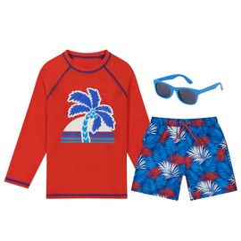 Boys Swim Set with Long Sleeve Rash Guard, Swim Shorts, Sunglasses (Red & Blue Palm Tree, Size 4T)