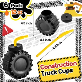 Amyhill 6 Pieces 12 oz Construction Truck Cups Set Truck Construction Cups with Orange Straw Birthday Party Supplies Plastic for Kids Party Decoration