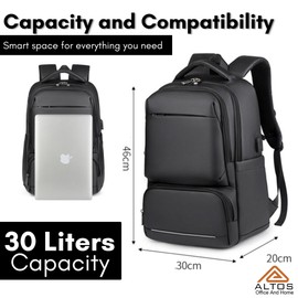 ALTOS OFFICE AND HOME Premium PU Leather Laptop Backpack–Stylish, Waterproof, and Durable Bag for 15.6 Laptops with USB Charging Port, Padded Straps, Multiple Compartments and Luggage Strap for Travel