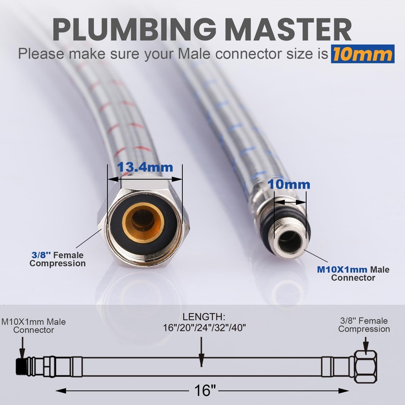 Supply Lines 3/8" Female Compression Thread × M10 Male Connector