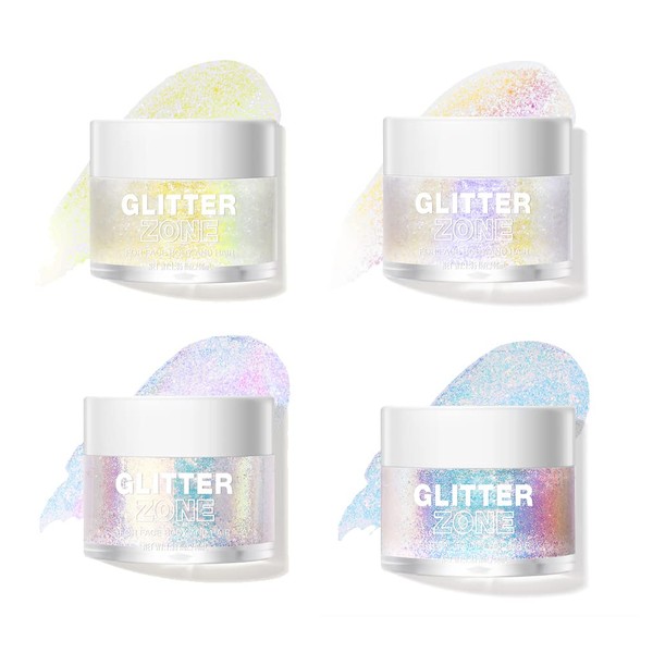 Joyeee Body Glitter Gel, Long-Lasting Glitter Sequins Chunky Powder Gel for Face Hair Lips Nails Make Up Cosmetics, Festival Party, Masquerade, Birthday Makeup, Body Glitter Gel 4 x 40 ml