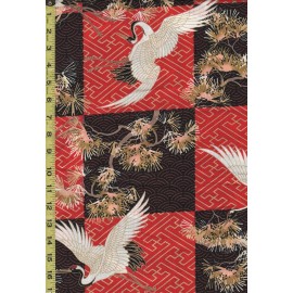 Naka Cranes & Pines Checkerboard - N-1750-3B - Red & Black - By the Half Yard