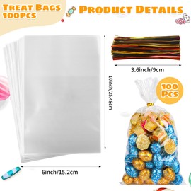 Soarvita 100 Pack Clear Cellophane Treat Bags: 6×10 Inch Clear Plastic Gift Bags with 110 Red & Green Twist Ties for Packaging Candy, Cookies, Goodies, Cotton Candy, Party Favors and Gift Wrapping