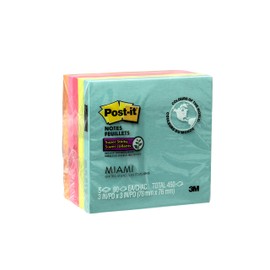 Post-it Notes Super Sticky Notes, 3" x 3", 5 Pads, 90 Sheets/Pad, Miami Colours