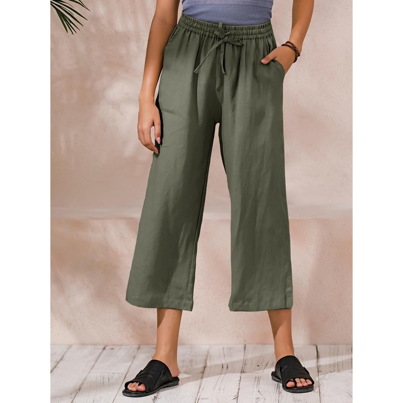 ECUPPER Womens Linen Cropped Pants Loose Casual Capri Cotton Wide