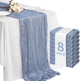 Fixwal 8 Pack Dusty Blue Cheesecloth Table Runners, Pleated Boho Gauze Table Runner, Long Semi-Transparent Table Decorations for Parties, Showers, Birthdays and Weddings(35x120 Inch)