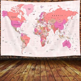 World Map Tapestry for Kids Student, World Map with Countries and Major Cities Tapestry Educational Tapestry, Asia Europe South City Topography America Africa Japan Wall Tapestry 60X40 Inch(Pink)