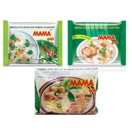 MaMa Oriental Style install noodles Clear Soup 3 different types of noodles (Flat Noodle, Rice Vermicelli, and Chand Noodle) 3 Flavor, 10 bags each Flavor, a total of 30 bags