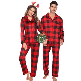 SWOMOG Matching Couple Christmas Pajamas Set Long Sleeve Festival Party Pj Set Button-Down Sleepwear Red With Black Big Plaid Large