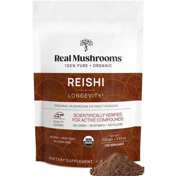 Real Mushrooms Reishi Powder - Organic Mushroom Extract Supplement with Potent Red Reishi Mushroom for Longevity, Mood, Sleep, & Immune Support - Vegan Mushroom Supplement, Non-GMO, 100 Servings