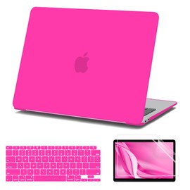 AKIT Compatible with MacBook Air 13 Inch Case M1 2022 2021 2020 2019 2018 Release A2337 A2179 A1932, Slim Matte Plastic Hard Shell Case & Screen Protector & Keyboard Cover, Hot Pink