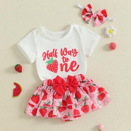 ZZLBUF Half Way to the One Baby Girl Birthday Outfits Fruits Letter Short Sleeve Romper Ruffle Shorts Headband Clothes Set (Strawberry Red, 6-12 Months)