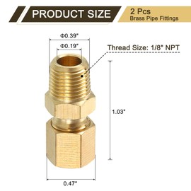 sourcing map 2Pcs Brass Pipe Fitting, 3/16" OD x 1/8" NPT Male Compression Tube Fitting, Union Connector, Straight Coupling Adapter Fit 3/16" Pipe