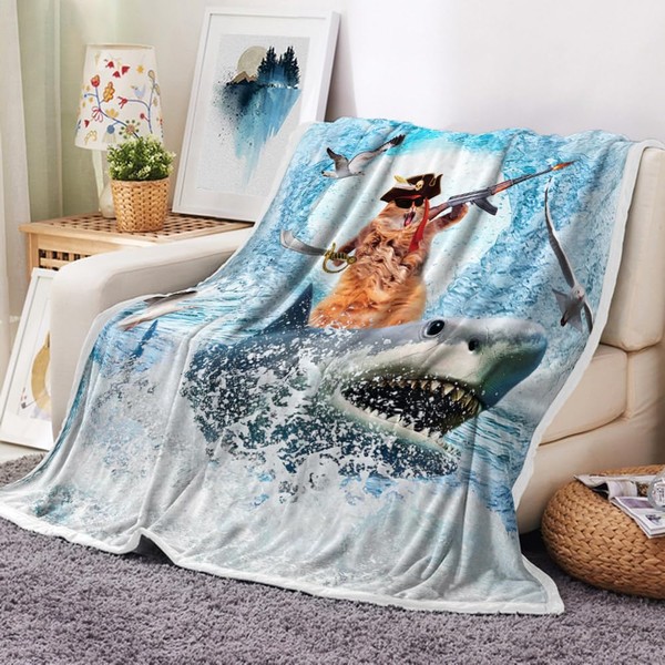 Uokiuki Funny Cat Throw Blankets, Cool Pirate Captain Cat Shark