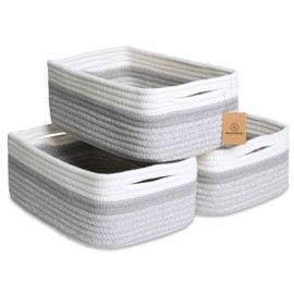 NaturalCozy 11.8"x8"x4.5” Storage Baskets for Shelves 3 Pack | Cotton Rope Woven Small Baskets for Organizing | Small Storage Bins for Nursery, Bathroom, Closet, Cube Shelf, Decorative, Gift Basket