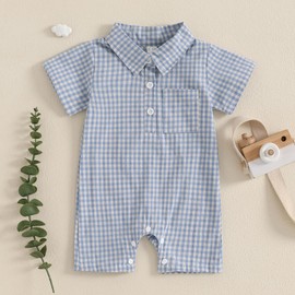 Geagodelia Infant Baby Boy Summer Romper Newborn Baby Boys' Full Length Jumpsuit Short Sleeve Lapel Plaid Print Button-Down Bodysuits for Baby Boy Clothes Outfits (Blue Gray, 3-6 Months)